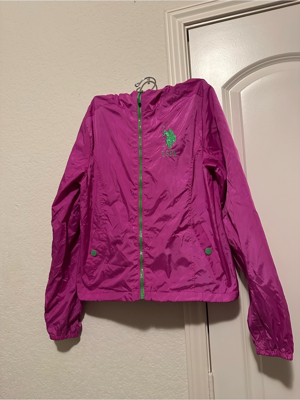 U.S. Polo Assn. Pink & Green Mesh Lined Hooded Windbreaker Jacket Size M